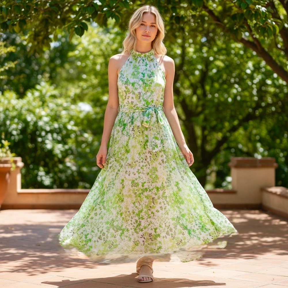 DKNY Women's Summer Midi Dress Sz 6 Floral Keyhole Tie-Waist Halter Chiffon $134
